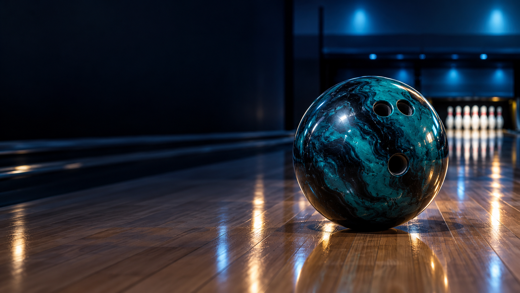 Bowlingball auf einer atmosphärisch beleuchteten Bahn – KI-generiertes Symbolbild