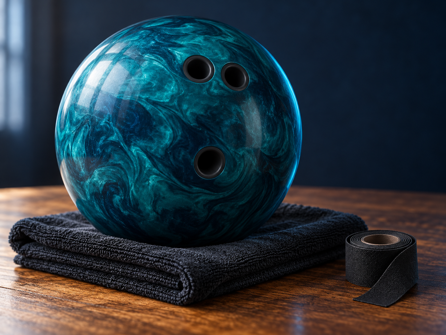 Türkisfarbener Bowlingball mit Griff-Einsätzen – KI-generiertes Symbolbild